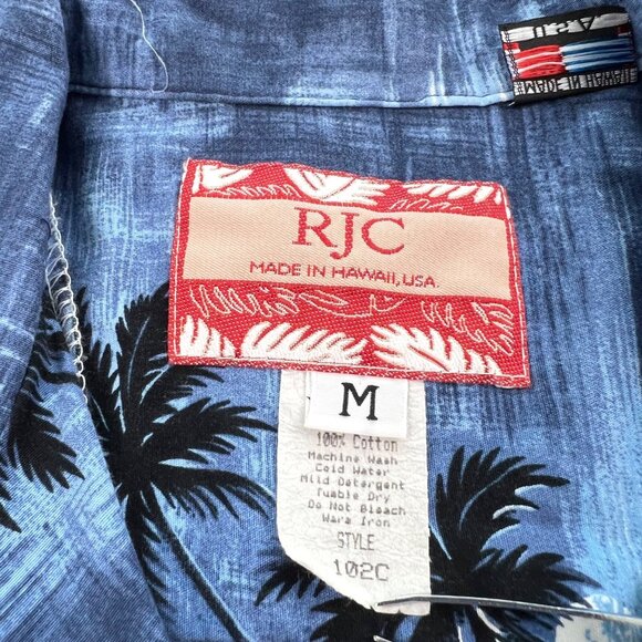 RJC Mens Hawaiian Shirt Blue Palm Tree Print Tropical Aloha 100% Cotton Size M - Picture 2 of 10